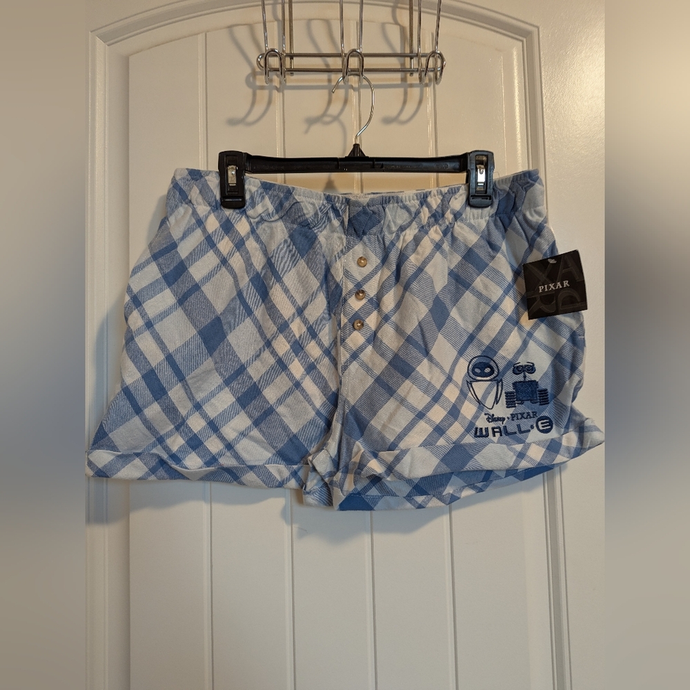 Disney Pixar Blue and White Gingham Check Flannel Shorts with Elastic Waistband